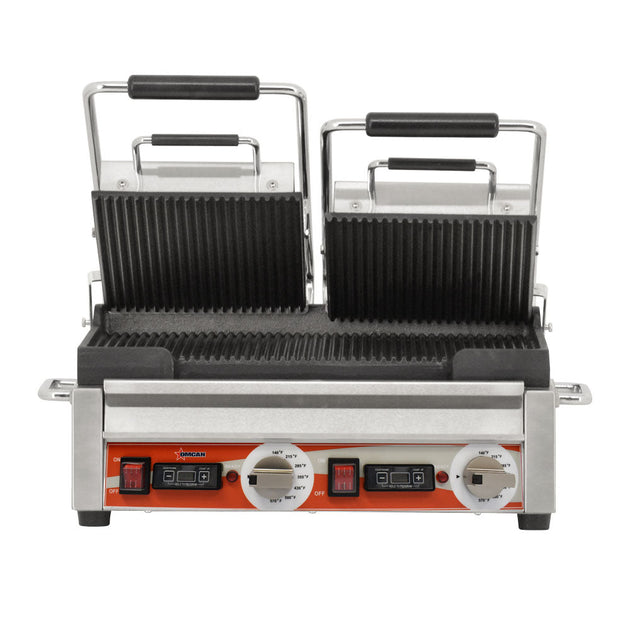 Omcan PG-CN-0711-RT 10" x 18" Double Panini Grill with Top and Bottom Grooved Grill Surface with Timer