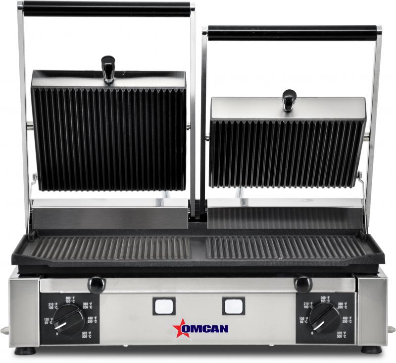 Omcan PG-IT-0737-R Elite Series 10" x 19" Double Panini Grill with Grooved Top and Bottom Grill Surface