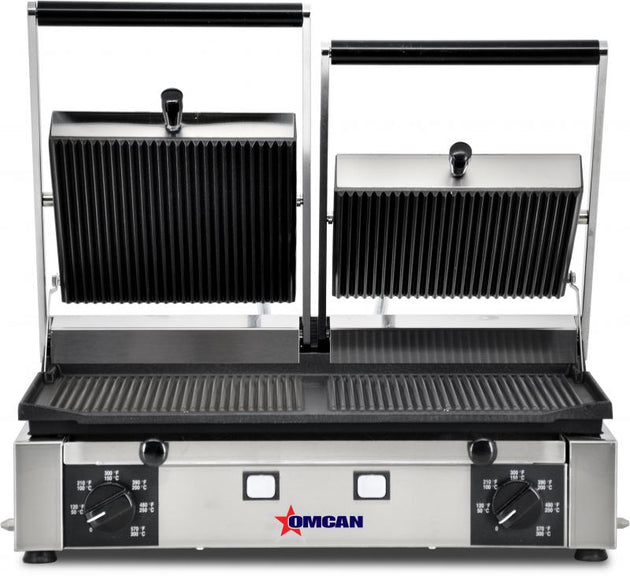 Omcan PG-IT-0737-R Elite Series 10" x 19" Double Panini Grill with Grooved Top and Bottom Grill Surface