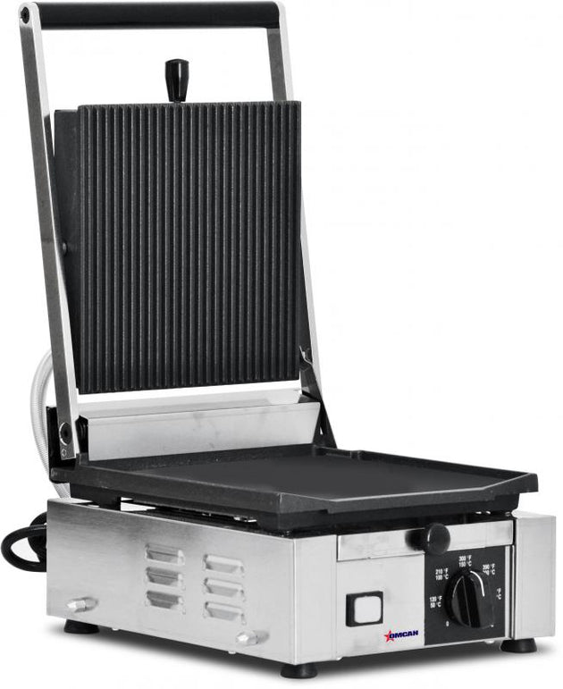 Omcan PG-IT-0483 Elite Series 10" x 9" Single Panini Grill with Grooved Top and Smooth Bottom Grill Surface