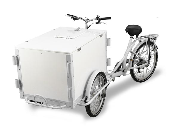 Omcan Front Load Tricycle Ice Cream Bike White Frame With White Wooden Box