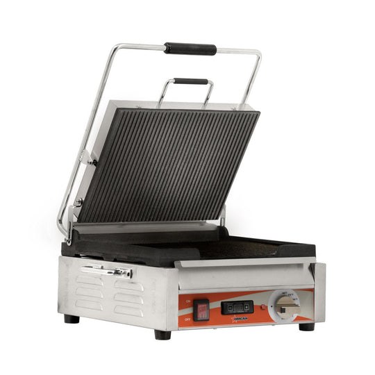 Omcan PG-CN-0679-RT 12" x 15" Single Panini Grill with Grooved Top and Bottom Grill Surface with Timer
