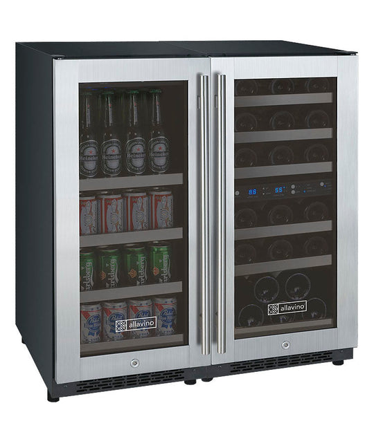 Allavino 30" Wide FlexCount II Tru-Vino 30 Bottle/88 Can Dual Zone Stainless Steel Side-by-Side Wine Refrigerator/Beverage Center - 3Z-VSWB15-3S20
