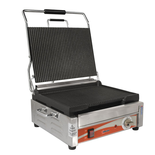 Omcan PG-CN-0679-R 1800-Watt Single Panini Grill with Grooved Top and Bottom Grill Surface