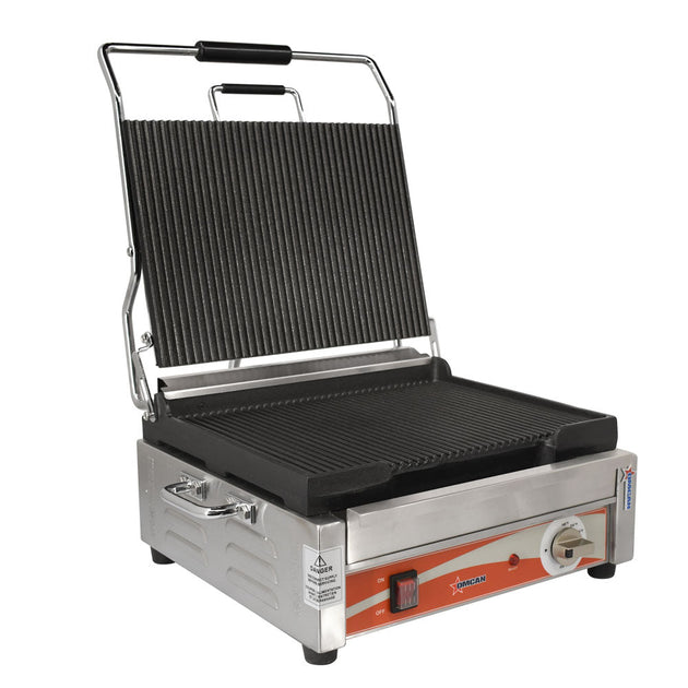 Omcan PG-CN-0679-R 1800-Watt Single Panini Grill with Grooved Top and Bottom Grill Surface
