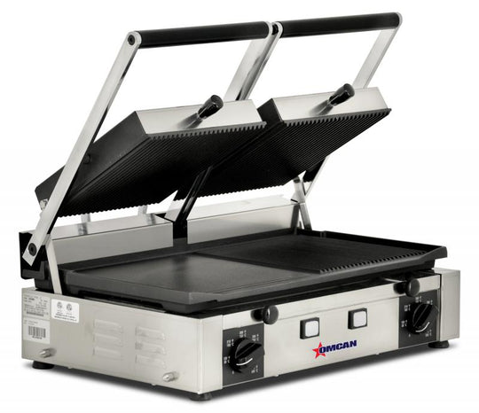 Omcan PG-IT-0737 Elite Series 10" x 19" Double Panini Grill with Ribbed Top and 1/2 Grooved and Smooth Bottom Grill Surface