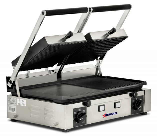 Omcan PG-IT-0737 Elite Series 10" x 19" Double Panini Grill with Ribbed Top and 1/2 Grooved and Smooth Bottom Grill Surface