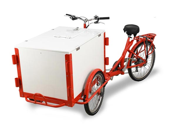Omcan Front Load Tricycle Ice Cream Bike Red Frame With White Wooden Box
