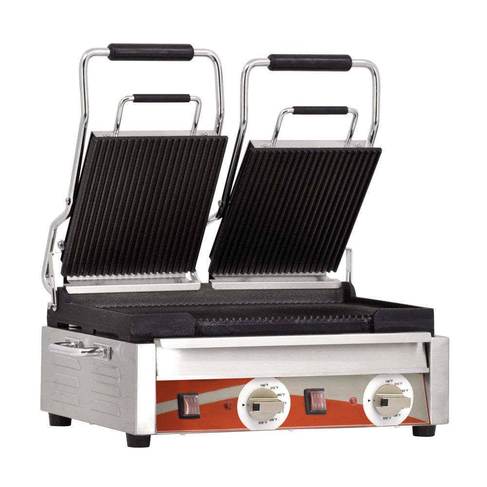 Omcan PG-CN-0711-R 10" x 18" Double Panini Grill with Top and Bottom Grooved Grill Surface