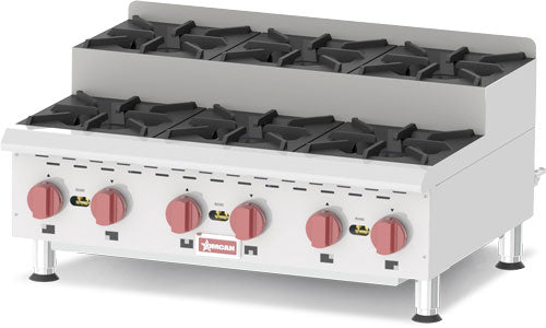 Omcan CE-CN-0636-S 6-Burner Countertop Stainless Steel Step-Up Gas Hot Plates