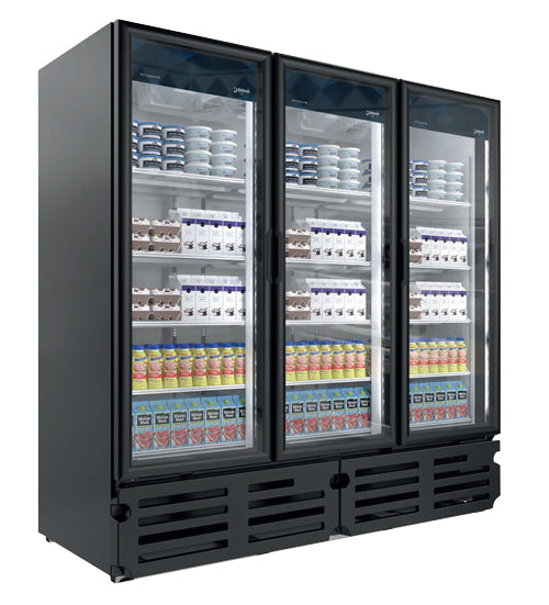 Omcan G372 BLACK ELITE G372 FLOOR 3 GLASS DOOR SWING REFRIGERATOR 71 CU FT 12 SHELVES 115V