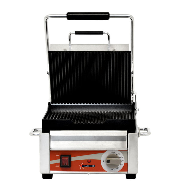 Omcan PG-CN-0515 10" x 11" Single Panini Grill with Grooved Top and Bottom Grill Surface