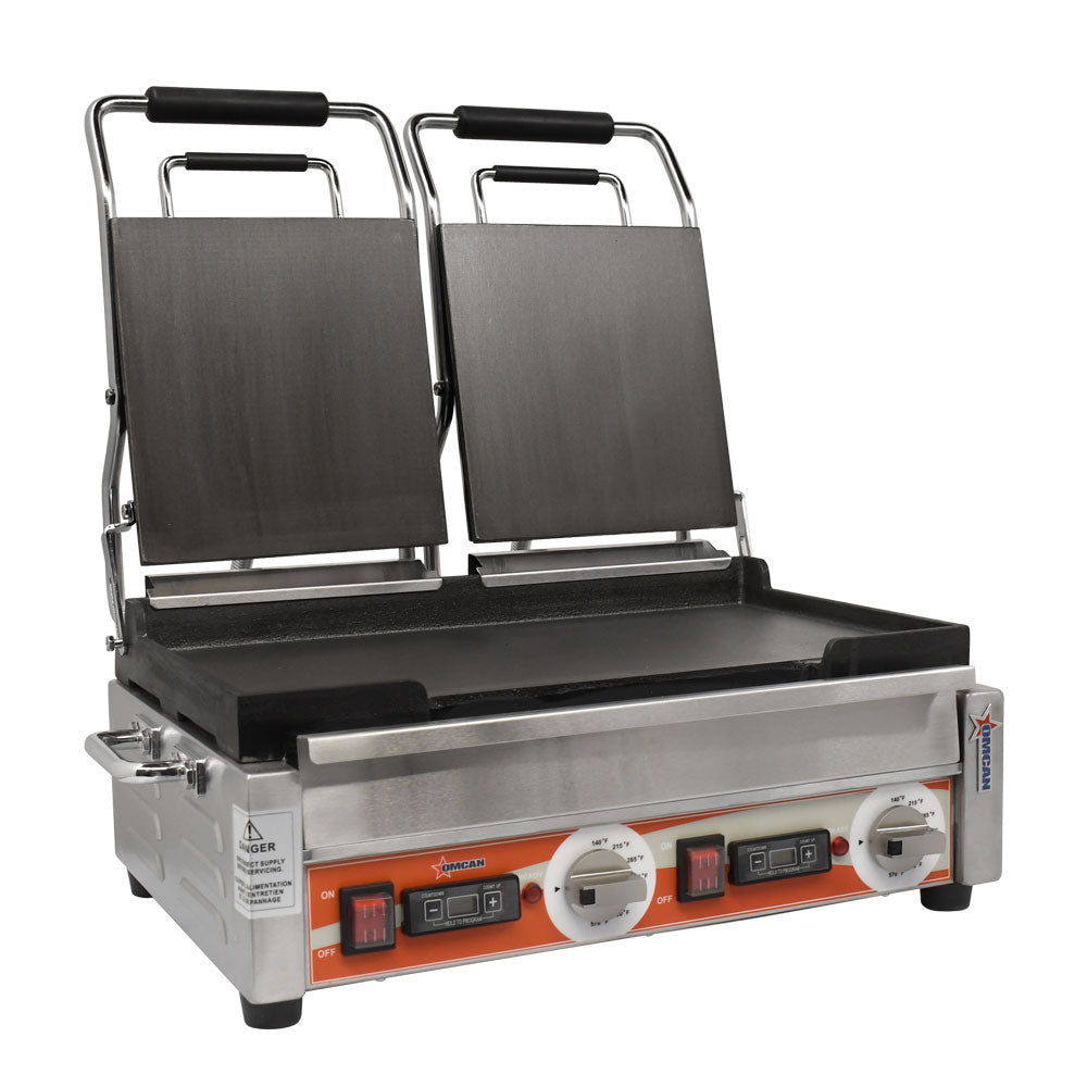 Omcan PG-CN-0711-FT 10" x 18" Double Panini Grill with Top and Bottom Smooth Grill Surface with Timer