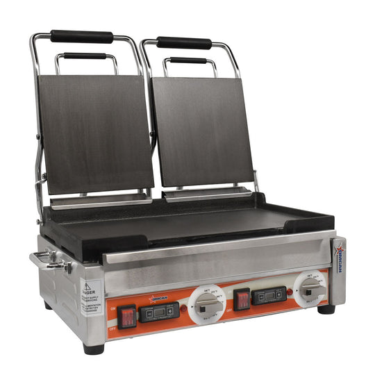Omcan PG-CN-0711-FT 10" x 18" Double Panini Grill with Top and Bottom Smooth Grill Surface with Timer